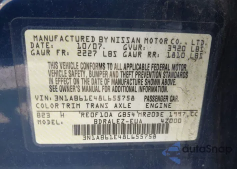 2008 Nissan Sentra 2.0S из США, поврежденный, VIN 3N1AB61E48L655758